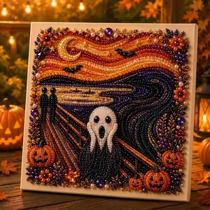 Macro detail of a Halloween themed pearl art DIY kit featuring a stylized scream ghost.