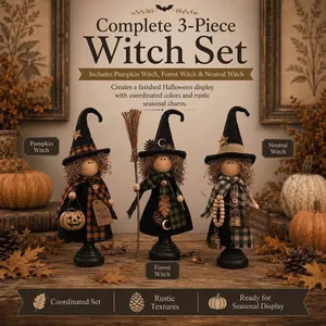 Close-up detail of three vintage primitive witch figurines for Halloween decor
