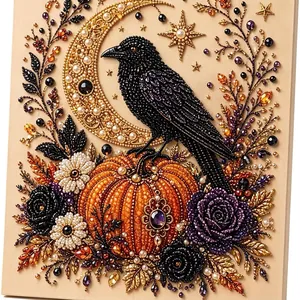 Detalle del kit de arte de perlas DIY de Halloween con cuervo y calabaza