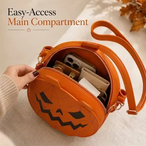 Halloween Pumpkin Shaped PU Leather Handbag Crossbody Bag for Women Jack-O-Lantern Spider Web Pattern Festive Party Purse
