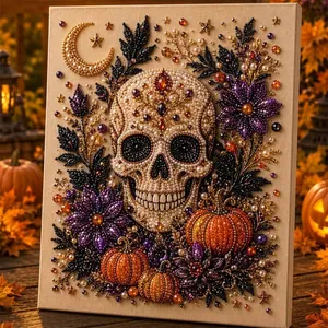 Kit de arte de perlas de calavera de Halloween con calabazas y motivos florales en lienzo