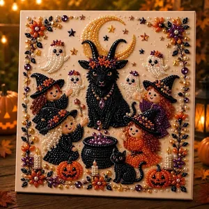 Detailed view of DIY Halloween theme pearl art kit with cute witches and black goat.