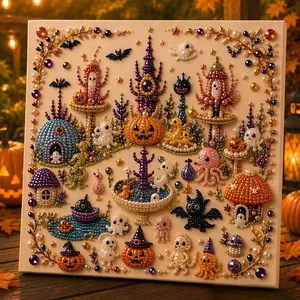 Detailed macro view of a DIY Halloween theme pearl art kit with pumpkins and ghosts