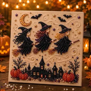 Detailed view of Halloween pearl art DIY kit featuring witches and a gothic castle