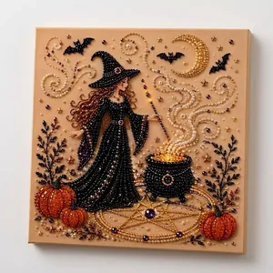 Detailed Halloween pearl art DIY kit with witch, cauldron and pumpkins on canvas board