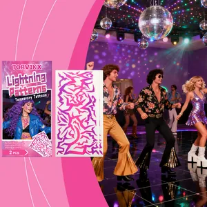 Set of 2 pink and purple lightning pattern temporary tattoos shown in a retro party scene