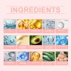 Natural ingredients list for peach depilatory cream featuring aloe and shea butter