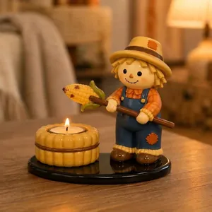 Close-up of Halloween scarecrow campfire tealight holder with a burning candle on a wooden table