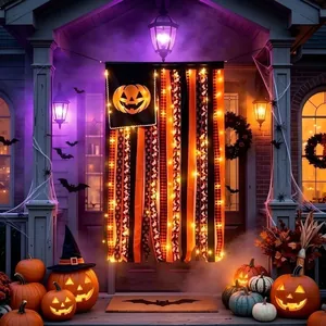 Bandera Colgante de Borlas de Halloween Decoración de Cortina de Puerta Calabaza Fantasma Murciélago Estilo Pastoral Bordado
