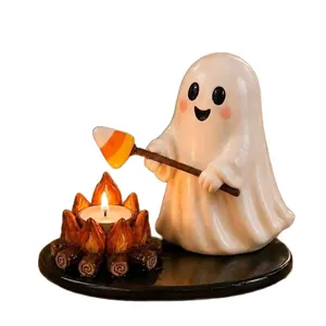 Cute Halloween ghost roasting marshmallow campfire tealight holder decorative figurine