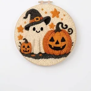 Kit de bordado hecho a mano de fantasma y calabaza de Halloween en aro de madera