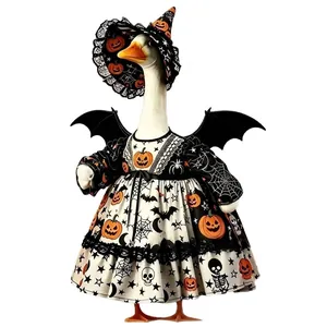 Halloween Verandagans-Kostüm mit Hexenhut und Kürbis-Print-Kleid