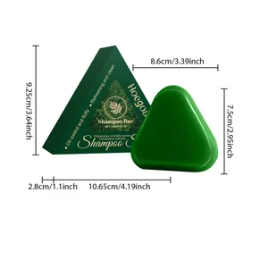 Gedetailleerde afmetingen van de HOEGOA shampoo bar met een groene driehoekige doos