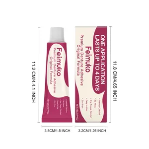 Feimuko premium denture adhesive dimensions and packaging details in macro view