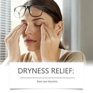 Mujer masajeando sus ojos para aliviar la sequedad, detalle del cuidado para ojos.