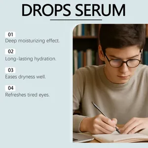 Vista detallada de beneficios del suero ocular para refrescar e hidratar ojos cansados.