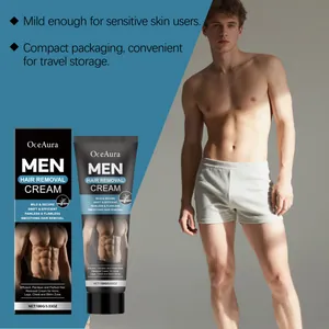 Crema depilatoria OceAura para hombre, piel sensible, con cuerpo de modelo masculino liso.
