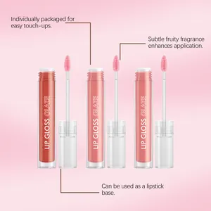 Vue détaillée de trois gloss scintillants avec un parfum fruité et une texture hydratante.