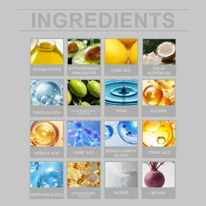 Liste détaillée des ingrédients pour savon nettoyant doux sans parfum aux huiles naturelles.