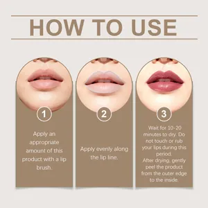Drei-Schritte-Anleitung zum Auftragen von mattem Peel-off-Lippen-Stift für einen Look.