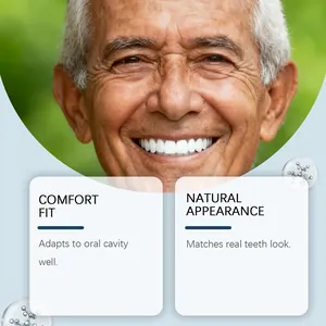 Detailed view of natural appearance dentures on a smiling elderly man showing comfort fit.