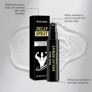 Detailed view of NORTH MOON men's delay spray bottle and packaging with liquid splash