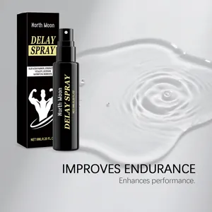 North Moon men's delay spray bottle and packaging with clear liquid splashes