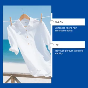 Detail view highlighting nylon and PP material benefits for pet hair removal laundry ball.