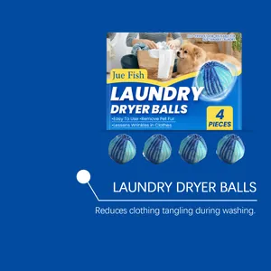 Set of 4 blue laundry dryer balls designed for pet hair removal and clothing anti-tangling