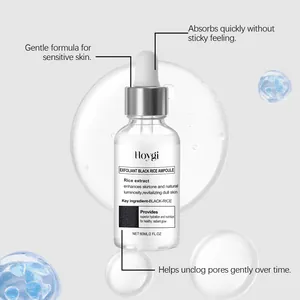 Hoygi black rice exfoliant ampoule with clear liquid serum and gentle skin feature callouts