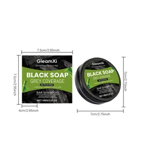 Gedetailleerde weergave met afmetingen van Gleamxi zwarte zeepshampoo en verpakking