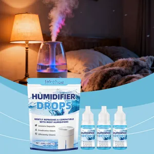 Jakehoe humidifier cleaner drops set in cozy bedroom scene with misting humidifier