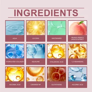 Vista dettagliata degli ingredienti principali tra cui niacinamide e acido ialuronico.