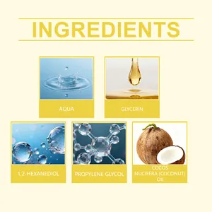 Elenco dettagliato degli ingredienti con acqua e olio di cocco per profumo dolce donna.