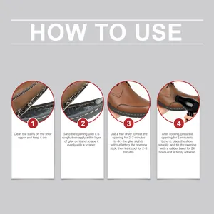 Instrucciones visuales paso a paso para usar pegamento de reparación en zapatos de cuero.
