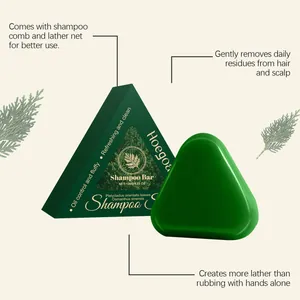 Detailweergave van HOEGOA kruidenshampoo bar met Platycladus orientalis voor oliecontrole.