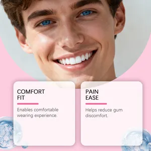 Detail showing comfort fit and pain ease benefits of denture adhesive for gum care