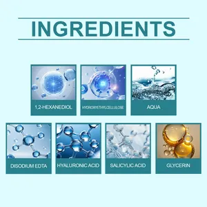 Vue détaillée des ingrédients de l'essence, dont l'acide hyaluronique et salicylique.