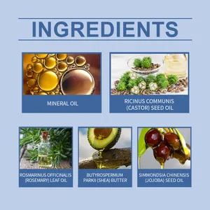 Detailed list of natural ingredients in Rosemary Hair Care Oil with close-up images