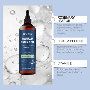 Infographic of Hoegoa Rosemary Hair Oil detailing ingredients like Jojoba and Vitamin E