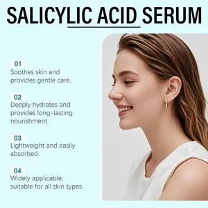 Détail du sérum à l'acide salicylique montrant les bienfaits et un modèle souriant