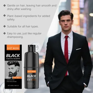 Detail van EAST MOON zwarte haarverf shampoo fles en verpakking