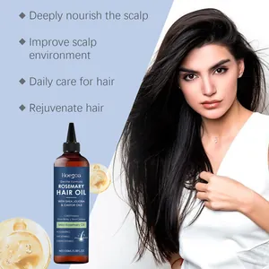Macro detail showing Hoegoa rosemary hair oil bottle with nourishing formula benefits