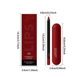 Red matte lip gloss and lip liner set with detailed size measurements