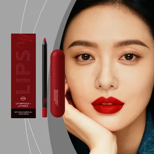 Close-up of matte red lip ampoule and lip pencil set with Asian model makeup effect