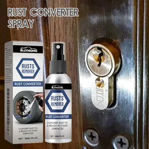 Rayhong 30ml rust converter spray bottle and retail box placed near a metal door lock
