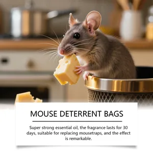 Detail van een muis die kaas eet voor de advertentie van knaagdierafstotende zakken