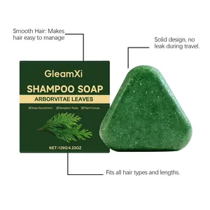 Detailansicht von GleamXi Lebensbaumblätter-Shampoo-Seife mit grüner Verpackungsbox