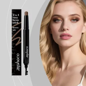 Détail montrant le crayon à sourcils 2-en-1 Zephoco marron et son effet de maquillage professionnel