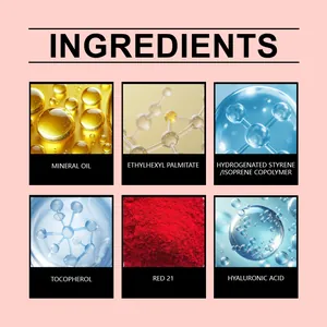 Vista dettagliata degli ingredienti del lucidalabbra con olio minerale e acido ialuronico